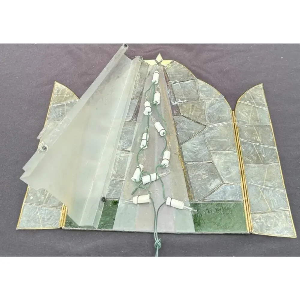 Vtg Capiz Shell & Stained Glass Triptych Christmas Nativity Light Up Background